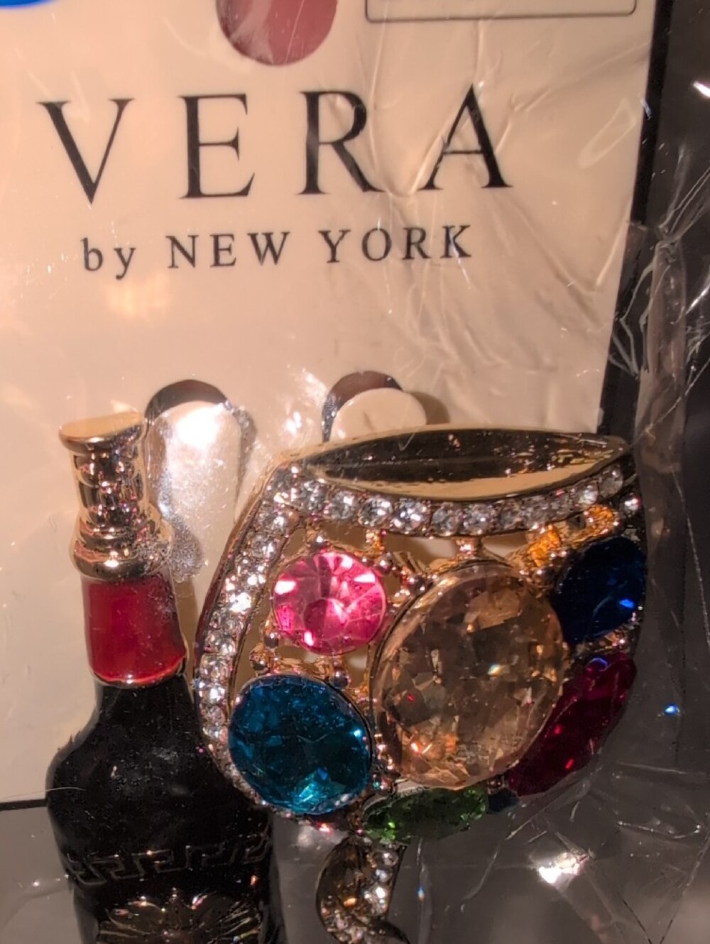 Vera by New York Jeweled Wine Bottle & Glass Pin - Multicolor Brooch - Picture 2 of 5